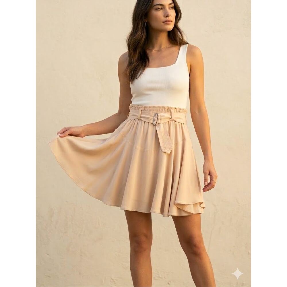 A.L.C. Silk Mini Skirt 0 XS Beige Nude Layered Belted Flowy Lined 100% Silk